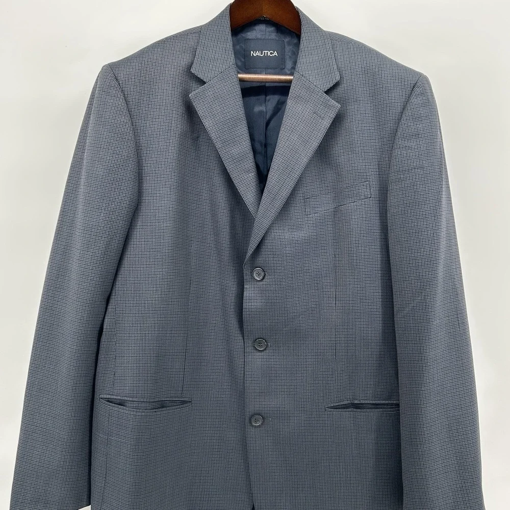 Nautica Blazer Mens 44L Blue Houndstooth Wool Sport Coat Suit‎ Jacket Classic